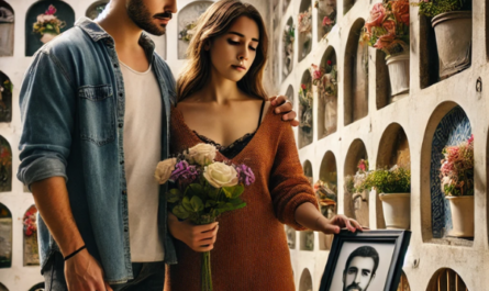 Una pareja joven de entre 35 y 40 años, de pie y juntos ante una pared de nichos, osarios o columbarios, mirando una lápida con la foto de un familiar fallecido. Uno de ellos sostiene flores. La escena está ambientada en el cementerio de Benaocaz, Sierra de Cádiz, con un ambiente tranquilo y contemplativo. La pareja parece estar en un estado de paz, reflexionando sobre los recuerdos de su ser querido. El cementerio presenta una decoración característica, con una representación artística detallada y realista, que capta la esencia del lugar. https://www.lapidascadiz.com/