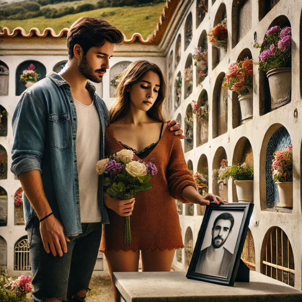 Una pareja joven de entre 35 y 40 años, de pie y juntos ante una pared de nichos, osarios o columbarios, mirando una lápida con la foto de un familiar fallecido. Uno de ellos sostiene flores. La escena está ambientada en el cementerio de Benaocaz, Sierra de Cádiz, con un ambiente tranquilo y contemplativo. La pareja parece estar en un estado de paz, reflexionando sobre los recuerdos de su ser querido. El cementerio presenta una decoración característica, con una representación artística detallada y realista, que capta la esencia del lugar. https://www.lapidascadiz.com/