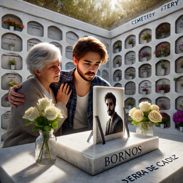 Imagen cuadrada hiperrealista de una persona joven (de entre 25 y 35 años) que acompaña a su anciana madre. Están mirando una lápida en la pared de un columbario, con una foto de un familiar fallecido en la lápida. La joven lleva flores en la mano, y ambas parecen tranquilas. La escena está ambientada en el Cementerio de Bornos, Sierra de Cádiz, con la decoración y el contexto apropiados que indican que se trata de un cementerio. La lápida de mármol muestra signos de experta artesanía, plasmando emociones y recuerdos en su diseño.
https://www.lapidascadiz.com/