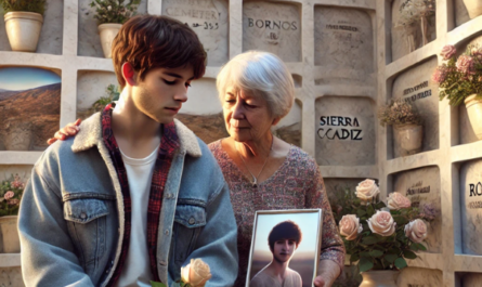 Imagen cuadrada hiperrealista de una persona joven (de entre 25 y 35 años) que acompaña a su anciana madre. Están mirando una lápida en la pared de un columbario, con una foto de un familiar fallecido en la lápida. La joven lleva flores en la mano, y ambas parecen tranquilas. La escena está ambientada en el Cementerio de Bornos, Sierra de Cádiz, con la decoración y el contexto apropiados que indican que se trata de un cementerio. La lápida de mármol muestra signos de experta artesanía, plasmando emociones y recuerdos en su diseño. https://www.lapidascadiz.com/