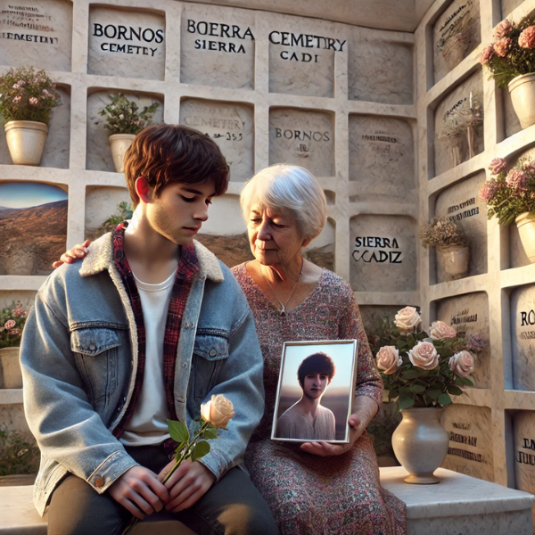 Imagen cuadrada hiperrealista de una persona joven (de entre 25 y 35 años) que acompaña a su anciana madre. Están mirando una lápida en la pared de un columbario, con una foto de un familiar fallecido en la lápida. La joven lleva flores en la mano, y ambas parecen tranquilas. La escena está ambientada en el Cementerio de Bornos, Sierra de Cádiz, con la decoración y el contexto apropiados que indican que se trata de un cementerio. La lápida de mármol muestra signos de experta artesanía, plasmando emociones y recuerdos en su diseño. https://www.lapidascadiz.com/