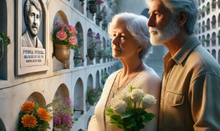 Una pareja madura de entre 55 y 60 años está de pie delante de la pared de un nicho en un cementerio de Cádiz, Bahía de Cádiz. La mujer lleva flores, y ambos miran tranquilamente una lápida con la foto de un familiar fallecido. El entorno es sereno, con una sensación de reverencia y tranquilidad. La escena es muy detallada y realista, y capta las emociones del recuerdo y la paz. El fondo muestra la pared del nicho adornada con flores y otros homenajes, resaltando la naturaleza personalizada y artística de la lápida. https://www.lapidascadiz.com/