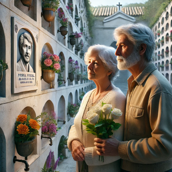 Una pareja madura de entre 55 y 60 años está de pie delante de la pared de un nicho en un cementerio de Cádiz, Bahía de Cádiz. La mujer lleva flores, y ambos miran tranquilamente una lápida con la foto de un familiar fallecido. El entorno es sereno, con una sensación de reverencia y tranquilidad. La escena es muy detallada y realista, y capta las emociones del recuerdo y la paz. El fondo muestra la pared del nicho adornada con flores y otros homenajes, resaltando la naturaleza personalizada y artística de la lápida. https://www.lapidascadiz.com/