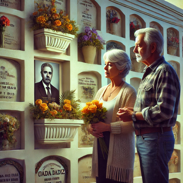 Una pareja madura de entre 55 y 60 años está de pie delante de la pared de un nicho en un cementerio de Cádiz, Bahía de Cádiz. La mujer lleva flores, y ambos miran tranquilamente una lápida con la foto de un familiar fallecido. El entorno es sereno, con una sensación de reverencia y tranquilidad. La escena es muy detallada y realista, y capta las emociones del recuerdo y la paz. El fondo muestra la pared del nicho adornada con flores y otros homenajes, resaltando la naturaleza personalizada y artística de la lápida.
https://www.lapidascadiz.com/