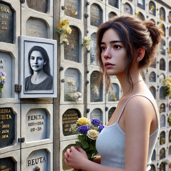 Imagen hiperrealista de una mujer joven de entre 25 y 35 años, de pie ante una pared de nichos de columbario. Está mirando una lápida en la que aparece la fotografía de un familiar, con una expresión de paz en el rostro. Lleva flores en las manos. La escena está ambientada en un cementerio de Ceuta, con la decoración y el contexto adecuados que indican la ubicación. El fondo incluye nichos con otras lápidas y decoraciones conmemorativas. https://www.lapidascadiz.com/