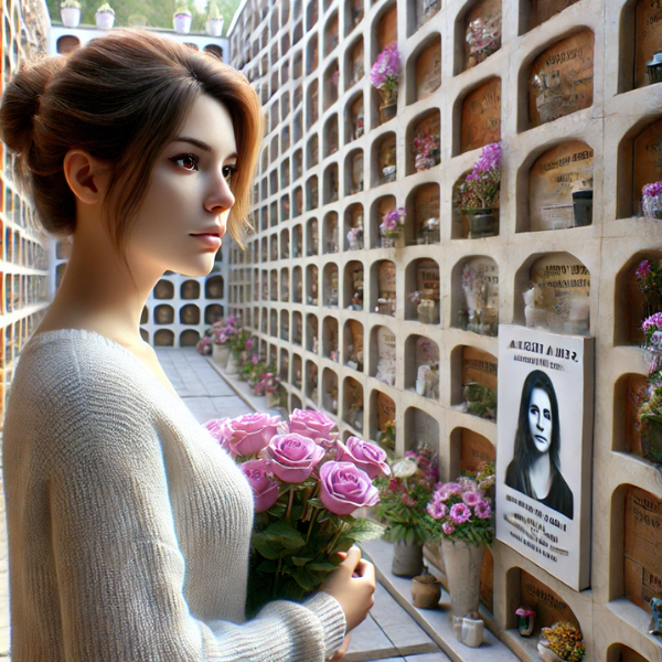 Imagen hiperrealista de una mujer joven de entre 25 y 35 años, de pie ante una pared de nichos de columbario. Está mirando una lápida en la que aparece la fotografía de un familiar, con una expresión de paz en el rostro. Lleva flores en las manos. La escena está ambientada en un cementerio de Ceuta, con la decoración y el contexto adecuados que indican la ubicación. El fondo incluye nichos con otras lápidas y decoraciones conmemorativas. https://www.lapidascadiz.com/