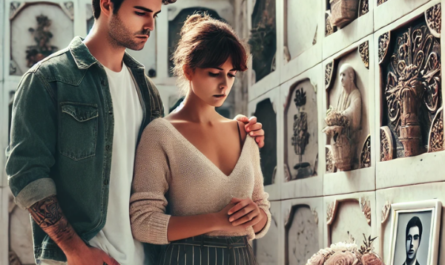 Una pareja joven, de unos 30 años, de pie solemnemente ante una pared de nichos en un cementerio, probablemente en Chiclana de la Frontera, Bahía de Cádiz. Están mirando una lápida con la foto de un familiar fallecido. Uno de ellos lleva flores. El ambiente es pacífico y respetuoso, y las expresiones de la pareja reflejan una sensación de calma y recuerdo. La lápida es de mármol, tallada con esmero, y captura recuerdos y sentimientos. El escenario está detallado con texturas e iluminación realistas para acentuar el ambiente sombrío, pero sereno. https://www.lapidascadiz.com/