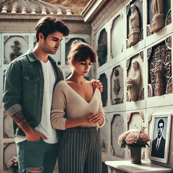 Una pareja joven, de unos 30 años, de pie solemnemente ante una pared de nichos en un cementerio, probablemente en Chiclana de la Frontera, Bahía de Cádiz. Están mirando una lápida con la foto de un familiar fallecido. Uno de ellos lleva flores. El ambiente es pacífico y respetuoso, y las expresiones de la pareja reflejan una sensación de calma y recuerdo. La lápida es de mármol, tallada con esmero, y captura recuerdos y sentimientos. El escenario está detallado con texturas e iluminación realistas para acentuar el ambiente sombrío, pero sereno. https://www.lapidascadiz.com/