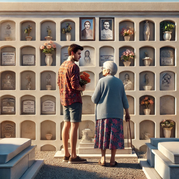 Imagen cuadrada hiperrealista que representa a un hombre o una mujer jóvenes que acompañan a su anciana madre, ambos mirando una lápida en un muro de nichos u osarios de un cementerio. Uno de ellos lleva flores. La lápida tiene la foto de un familiar fallecido. La escena sugiere un ambiente tranquilo, y la decoración y el contexto indican que se trata del cementerio de Chipiona, Costa Noroeste de Cádiz.
https://www.lapidascadiz.com/