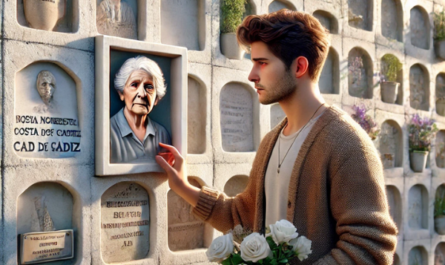 Imagen cuadrada hiperrealista que representa a un hombre o una mujer jóvenes que acompañan a su anciana madre, ambos mirando una lápida en un muro de nichos u osarios de un cementerio. Uno de ellos lleva flores. La lápida tiene la foto de un familiar fallecido. La escena sugiere un ambiente tranquilo, y la decoración y el contexto indican que se trata del cementerio de Chipiona, Costa Noroeste de Cádiz. https://www.lapidascadiz.com/