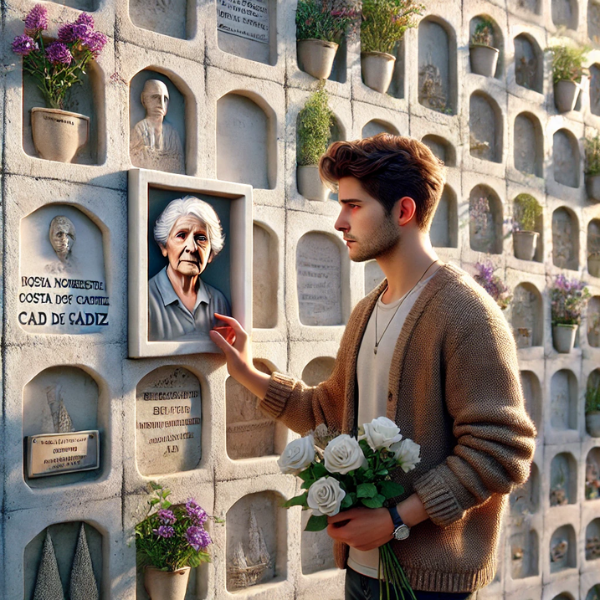 Imagen cuadrada hiperrealista que representa a un hombre o una mujer jóvenes que acompañan a su anciana madre, ambos mirando una lápida en un muro de nichos u osarios de un cementerio. Uno de ellos lleva flores. La lápida tiene la foto de un familiar fallecido. La escena sugiere un ambiente tranquilo, y la decoración y el contexto indican que se trata del cementerio de Chipiona, Costa Noroeste de Cádiz. https://www.lapidascadiz.com/