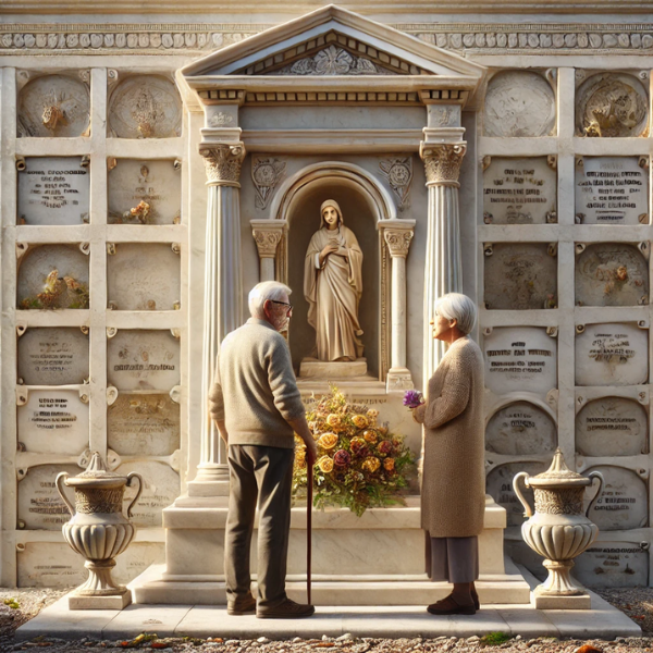 Imagen cuadrada hiperrealista de una pareja madura de entre 55 y 60 años, de pie delante de un columbario en un cementerio de la Comarca de la Bahía de Cádiz. Están mirando una lápida con la foto de un familiar fallecido. El hombre lleva flores en las manos. La escena es tranquila y serena, con elementos decorativos típicos de la región. La pareja parece estar en paz, reflexionando sobre el recuerdo de su ser querido. La lápida está intrincadamente elaborada, mostrando el arte de un hábil marmolista.
https://www.lapidascadiz.com/