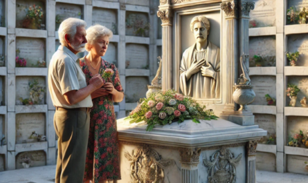 Imagen cuadrada hiperrealista de una pareja madura de entre 55 y 60 años, de pie delante de un columbario en un cementerio de la Comarca de la Bahía de Cádiz. Están mirando una lápida con la foto de un familiar fallecido. El hombre lleva flores en las manos. La escena es tranquila y serena, con elementos decorativos típicos de la región. La pareja parece estar en paz, reflexionando sobre el recuerdo de su ser querido. La lápida está intrincadamente elaborada, mostrando el arte de un hábil marmolista. https://www.lapidascadiz.com/