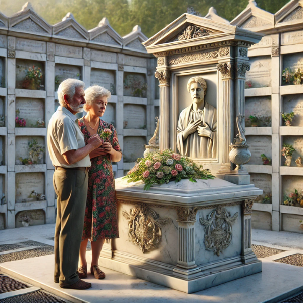 Imagen cuadrada hiperrealista de una pareja madura de entre 55 y 60 años, de pie delante de un columbario en un cementerio de la Comarca de la Bahía de Cádiz. Están mirando una lápida con la foto de un familiar fallecido. El hombre lleva flores en las manos. La escena es tranquila y serena, con elementos decorativos típicos de la región. La pareja parece estar en paz, reflexionando sobre el recuerdo de su ser querido. La lápida está intrincadamente elaborada, mostrando el arte de un hábil marmolista. https://www.lapidascadiz.com/