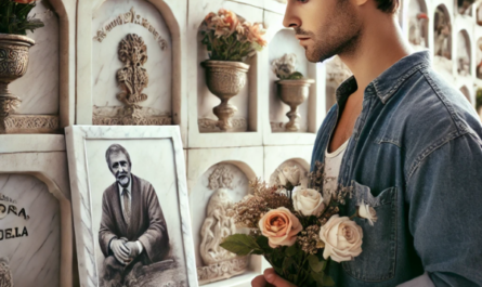 Un hombre joven, de entre 25 y 35 años, de pie ante un muro de nichos o columbarios, mirando una lápida con la foto de un familiar fallecido. Lleva flores en las manos, en actitud pacífica. El escenario sugiere un cementerio de la comarca de la Campiña de Jerez, con una decoración y un contexto apropiados. El ambiente es sereno y respetuoso, y refleja la artesanía de un escultor de mármol conocido por su habilidad para transformar un simple mármol en obras de arte altamente personalizadas que capturan recuerdos y emociones. https://www.lapidascadiz.com/