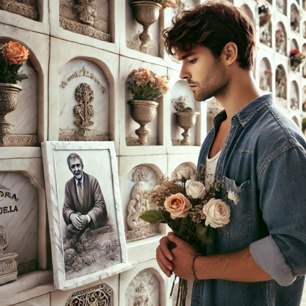 Un hombre joven, de entre 25 y 35 años, de pie ante un muro de nichos o columbarios, mirando una lápida con la foto de un familiar fallecido. Lleva flores en las manos, en actitud pacífica. El escenario sugiere un cementerio de la comarca de la Campiña de Jerez, con una decoración y un contexto apropiados. El ambiente es sereno y respetuoso, y refleja la artesanía de un escultor de mármol conocido por su habilidad para transformar un simple mármol en obras de arte altamente personalizadas que capturan recuerdos y emociones. https://www.lapidascadiz.com/