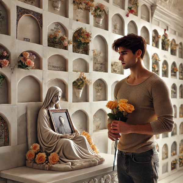 Un hombre joven, de entre 25 y 35 años, de pie ante un muro de nichos o columbarios, mirando una lápida con la foto de un familiar fallecido. Lleva flores en las manos, en actitud pacífica. El escenario sugiere un cementerio de la comarca de la Campiña de Jerez, con una decoración y un contexto apropiados. El ambiente es sereno y respetuoso, y refleja la artesanía de un escultor de mármol conocido por su habilidad para transformar un simple mármol en obras de arte altamente personalizadas que capturan recuerdos y emociones.
https://www.lapidascadiz.com/