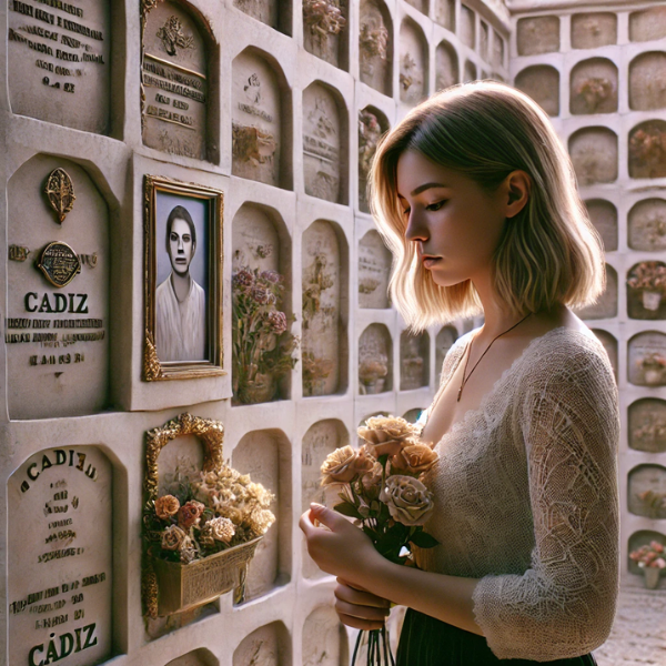 Imagen hiperrealista de una mujer joven de entre 25 y 35 años, de pie, solemnemente, delante de una lápida en un cementerio situado en la costa noroeste de Cádiz. Está mirando la lápida, que forma parte de una pared de nichos, osarios o columbarios. La lápida tiene una fotografía de un familiar, y la mujer sostiene flores en las manos. El ambiente es apacible, con sutiles adornos que indican un cementerio de Cádiz. La escena evoca una sensación de calma y reflexión. Relación de aspecto cuadrada. https://www.lapidascadiz.com/