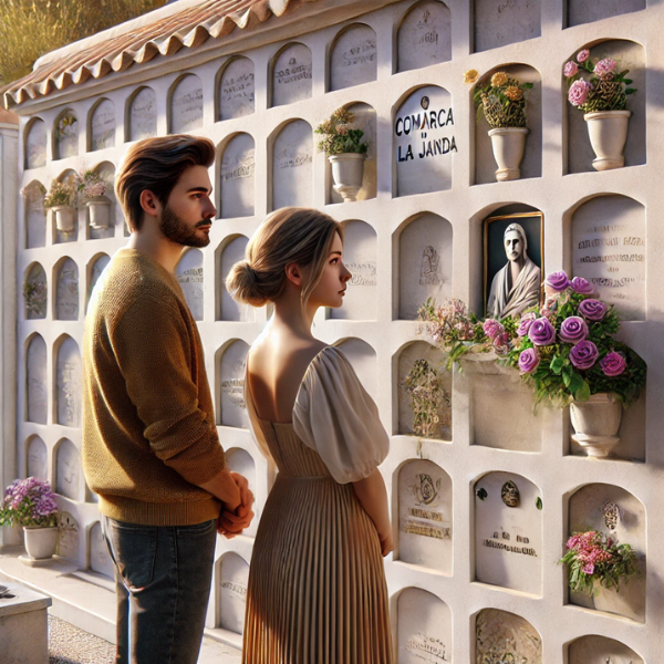 Imagen hiperrealista de un joven matrimonio de entre 35 y 40 años, de pie ante un nicho de pared con una lápida. Están mirando la lápida, que tiene una foto de un familiar fallecido. La escena es tranquila, y uno de ellos lleva flores. El cementerio está decorado, lo que sugiere que se encuentra en la Comarca de la Janda, en Cádiz. La pareja parece serena, presentando sus respetos en un entorno tranquilo. https://www.lapidascadiz.com/