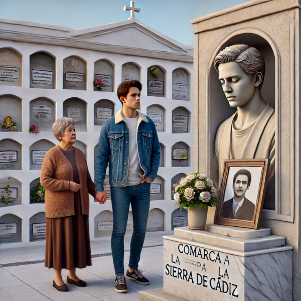 Imagen cuadrada hiperrealista de un joven o una joven acompañando a su anciana madre. Están de pie ante un muro de nichos en un cementerio de la Comarca de la Sierra de Cádiz. Los personajes miran una lápida con la foto de un familiar fallecido, sostienen flores y muestran una actitud pacífica. El entorno del cementerio está decorado con elementos típicos de la región, como paredes blancas y detalles de piedra.
https://www.lapidascadiz.com/