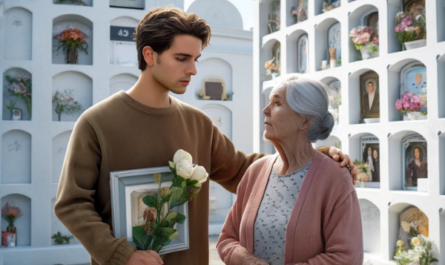 Imagen cuadrada hiperrealista de un joven o una joven acompañando a su anciana madre. Están de pie ante un muro de nichos en un cementerio de la Comarca de la Sierra de Cádiz. Los personajes miran una lápida con la foto de un familiar fallecido, sostienen flores y muestran una actitud pacífica. El entorno del cementerio está decorado con elementos típicos de la región, como paredes blancas y detalles de piedra. https://www.lapidascadiz.com/