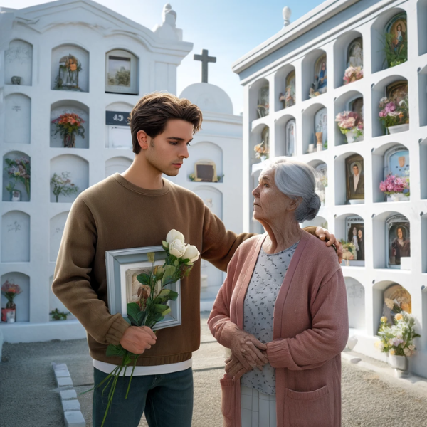 Imagen cuadrada hiperrealista de un joven o una joven acompañando a su anciana madre. Están de pie ante un muro de nichos en un cementerio de la Comarca de la Sierra de Cádiz. Los personajes miran una lápida con la foto de un familiar fallecido, sostienen flores y muestran una actitud pacífica. El entorno del cementerio está decorado con elementos típicos de la región, como paredes blancas y detalles de piedra. https://www.lapidascadiz.com/