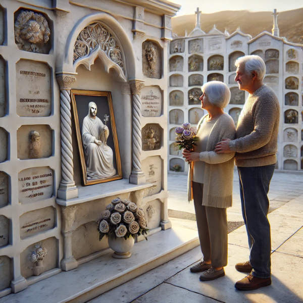 Imagen hiperrealista de una pareja madura, de entre 55 y 60 años, de pie en un cementerio del Campo de Gibraltar, Cádiz, delante de una pared con nichos. Están mirando una lápida con la foto de un familiar fallecido. La escena es tranquila, con la pareja sosteniendo flores. La pared del nicho está adornada con esculturas de mármol realizadas por un excepcional cantero conocido por sus diseños personalizados e intrincados. El cementerio tiene una atmósfera serena y respetuosa, con detalladas obras de arte en mármol que reflejan recuerdos y emociones.
https://www.lapidascadiz.com/