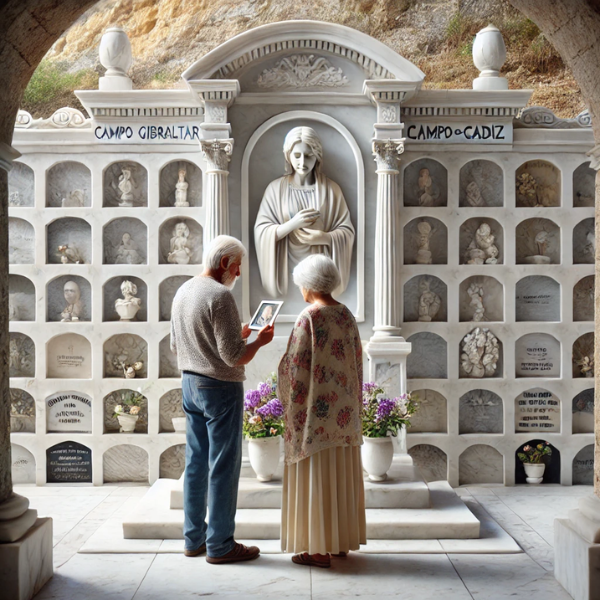 Imagen hiperrealista de una pareja madura, de entre 55 y 60 años, de pie en un cementerio del Campo de Gibraltar, Cádiz, delante de una pared con nichos. Están mirando una lápida con la foto de un familiar fallecido. La escena es tranquila, con la pareja sosteniendo flores. La pared del nicho está adornada con esculturas de mármol realizadas por un excepcional cantero conocido por sus diseños personalizados e intrincados. El cementerio tiene una atmósfera serena y respetuosa, con detalladas obras de arte en mármol que reflejan recuerdos y emociones. https://www.lapidascadiz.com/