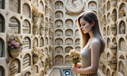 Imagen hiperrealista de una mujer joven de entre 25 y 35 años delante de una pared de nichos en un cementerio de El Bosque, Cádiz. Está mirando una lápida con la fotografía de un familiar fallecido, con flores en las manos. El ambiente es tranquilo, y el cementerio tiene una decoración sombría pero hermosa. La pared tiene una lápida de mármol expertamente trabajada, que refleja el arte de un escultor muy hábil. La escena está llena de emociones, captando la esencia del recuerdo y la paz. https://www.lapidascadiz.com/