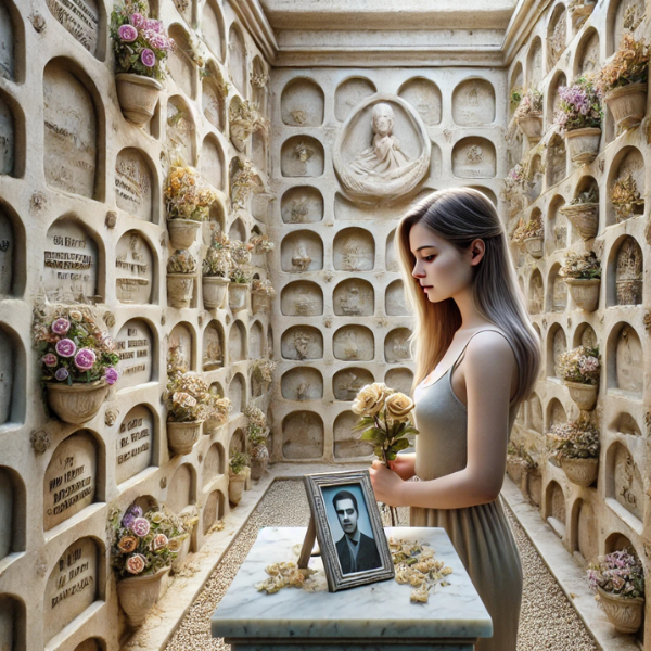 Imagen hiperrealista de una mujer joven de entre 25 y 35 años delante de una pared de nichos en un cementerio de El Bosque, Cádiz. Está mirando una lápida con la fotografía de un familiar fallecido, con flores en las manos. El ambiente es tranquilo, y el cementerio tiene una decoración sombría pero hermosa. La pared tiene una lápida de mármol expertamente trabajada, que refleja el arte de un escultor muy hábil. La escena está llena de emociones, captando la esencia del recuerdo y la paz. https://www.lapidascadiz.com/