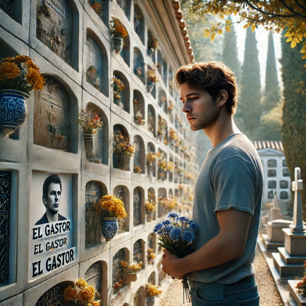 Imagen hiperrealista de un joven de entre 25 y 35 años, de pie en un tranquilo cementerio. Está mirando una pared de nichos con una lápida, en la que hay una foto de un familiar fallecido. El cementerio parece estar en El Gastor, Cádiz, con decoraciones locales que indican la ubicación. El joven lleva flores en las manos, y su expresión es serena, reflejando una sensación de paz. La escena es emotiva y capta la esencia del recuerdo de un ser querido.
https://www.lapidascadiz.com/