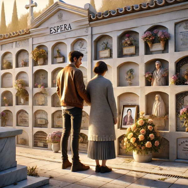 Imagen hiperrealista de una pareja joven de entre 35 y 40 años, de pie ante una pared de nichos en un cementerio de Espera, Cádiz. Están mirando una lápida con la foto de un familiar fallecido, y uno de ellos lleva flores. La escena es tranquila, con un ambiente respetuoso y solemne. El muro del cementerio está adornado con nichos, y el entorno refleja el estilo local. La imagen capta las emociones y los recuerdos que encierra este momento de recuerdo.
https://www.lapidascadiz.com/