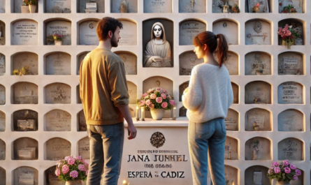 Imagen hiperrealista de una pareja joven de entre 35 y 40 años, de pie ante una pared de nichos en un cementerio de Espera, Cádiz. Están mirando una lápida con la foto de un familiar fallecido, y uno de ellos lleva flores. La escena es tranquila, con un ambiente respetuoso y solemne. El muro del cementerio está adornado con nichos, y el entorno refleja el estilo local. La imagen capta las emociones y los recuerdos que encierra este momento de recuerdo. https://www.lapidascadiz.com/