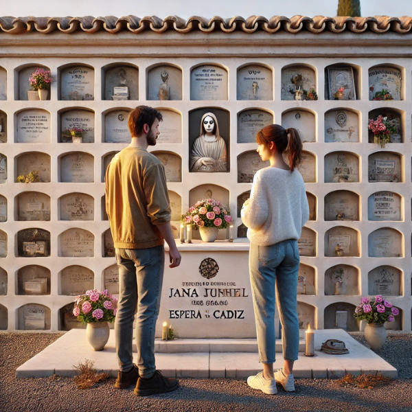 Imagen hiperrealista de una pareja joven de entre 35 y 40 años, de pie ante una pared de nichos en un cementerio de Espera, Cádiz. Están mirando una lápida con la foto de un familiar fallecido, y uno de ellos lleva flores. La escena es tranquila, con un ambiente respetuoso y solemne. El muro del cementerio está adornado con nichos, y el entorno refleja el estilo local. La imagen capta las emociones y los recuerdos que encierra este momento de recuerdo. https://www.lapidascadiz.com/