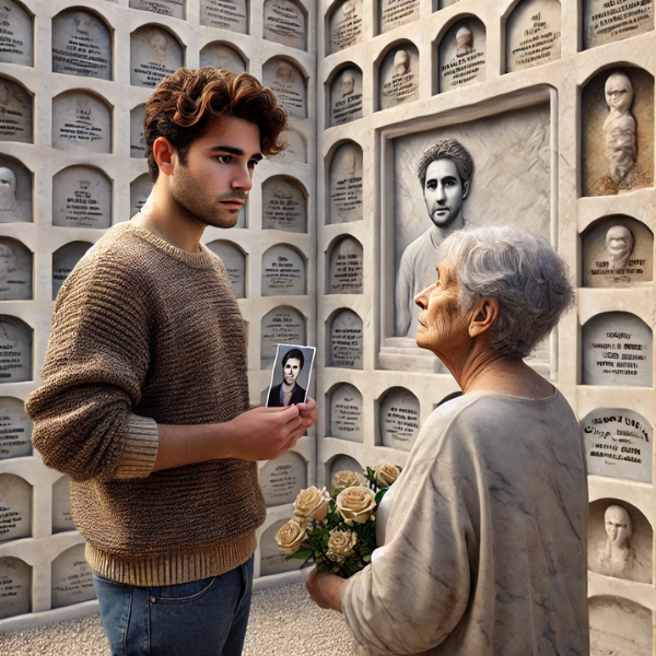 Imagen cuadrada hiperrealista de un hombre joven, de unos 25 a 35 años, que acompaña a su anciana madre en un cementerio. Están mirando una lápida en un muro de nichos, osarios o columbarios con la foto de un familiar fallecido. Están en un estado de ánimo pacífico y reflexivo. El joven lleva flores. La escena está decorada para indicar que están en el cementerio de Grazalema, Cádiz. La lápida está intrincadamente elaborada por un escultor de mármol altamente cualificado, lo que refleja una profunda personalización y atención al detalle en el arte de la escultura funeraria. https://www.lapidascadiz.com/