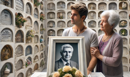 Imagen cuadrada hiperrealista de un hombre joven, de unos 25 a 35 años, que acompaña a su anciana madre en un cementerio. Están mirando una lápida en un muro de nichos, osarios o columbarios con la foto de un familiar fallecido. Están en un estado de ánimo pacífico y reflexivo. El joven lleva flores. La escena está decorada para indicar que están en el cementerio de Grazalema, Cádiz. La lápida está intrincadamente elaborada por un escultor de mármol altamente cualificado, lo que refleja una profunda personalización y atención al detalle en el arte de la escultura funeraria. https://www.lapidascadiz.com/