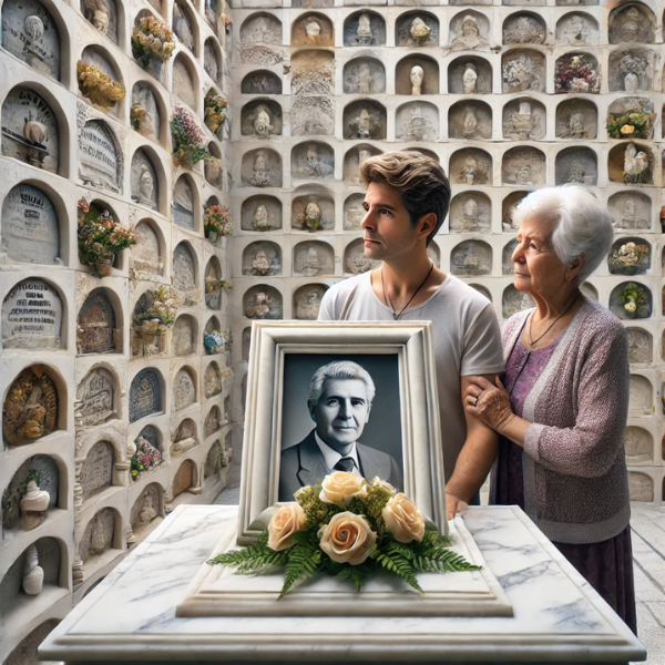 Imagen cuadrada hiperrealista de un hombre joven, de unos 25 a 35 años, que acompaña a su anciana madre en un cementerio. Están mirando una lápida en un muro de nichos, osarios o columbarios con la foto de un familiar fallecido. Están en un estado de ánimo pacífico y reflexivo. El joven lleva flores. La escena está decorada para indicar que están en el cementerio de Grazalema, Cádiz. La lápida está intrincadamente elaborada por un escultor de mármol altamente cualificado, lo que refleja una profunda personalización y atención al detalle en el arte de la escultura funeraria. https://www.lapidascadiz.com/