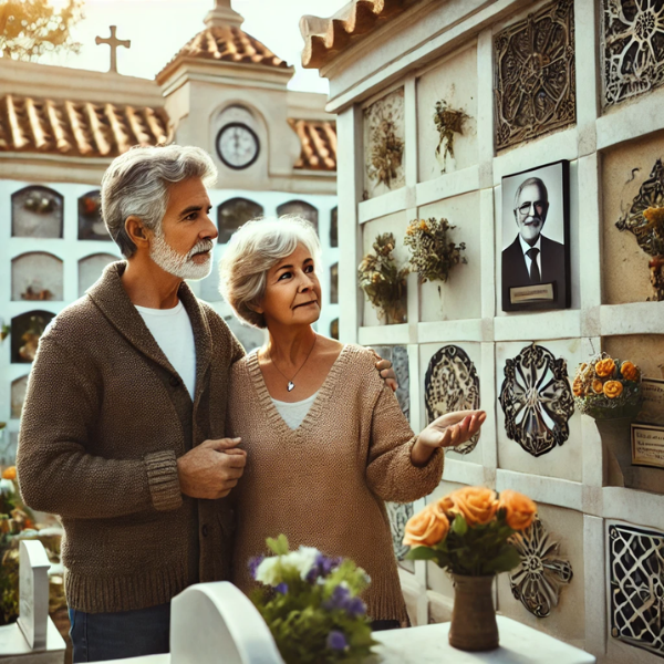 Una pareja madura de entre 55 y 60 años, de pie ante la pared de un columbario en un cementerio de Jerez de la Frontera, Cádiz. Están mirando una lápida con la foto de un familiar, en actitud pacífica. Uno de ellos lleva flores en la mano. La escena está ambientada con adornos típicos del cementerio local. El ambiente es sereno y respetuoso, y en la pared del columbario hay varios nichos. https://www.lapidascadiz.com/