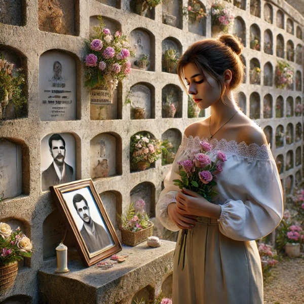 Imagen hiperrealista de una mujer joven de entre 25 y 35 años. Está de pie delante de una pared de nichos en un cementerio de Jimena de la Frontera, Cádiz, mirando una lápida con la foto de un familiar fallecido. Lleva flores en las manos y su expresión es pacífica. La escena sugiere un ambiente sereno y respetuoso, con un sentimiento de duelo y recuerdo. La pared de nichos está adornada con diversas ofrendas florales y decoraciones típicas de un cementerio. El escenario capta la profundidad emocional y la tranquilidad de un momento de reflexión y homenaje.
https://www.lapidascadiz.com/