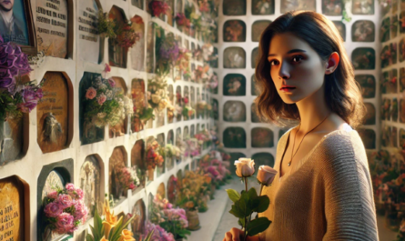 Imagen hiperrealista de una mujer joven de entre 25 y 35 años. Está de pie delante de una pared de nichos en un cementerio de Jimena de la Frontera, Cádiz, mirando una lápida con la foto de un familiar fallecido. Lleva flores en las manos y su expresión es pacífica. La escena sugiere un ambiente sereno y respetuoso, con un sentimiento de duelo y recuerdo. La pared de nichos está adornada con diversas ofrendas florales y decoraciones típicas de un cementerio. El escenario capta la profundidad emocional y la tranquilidad de un momento de reflexión y homenaje. https://www.lapidascadiz.com/