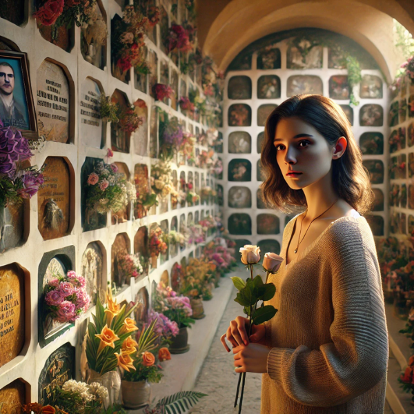 Imagen hiperrealista de una mujer joven de entre 25 y 35 años. Está de pie delante de una pared de nichos en un cementerio de Jimena de la Frontera, Cádiz, mirando una lápida con la foto de un familiar fallecido. Lleva flores en las manos y su expresión es pacífica. La escena sugiere un ambiente sereno y respetuoso, con un sentimiento de duelo y recuerdo. La pared de nichos está adornada con diversas ofrendas florales y decoraciones típicas de un cementerio. El escenario capta la profundidad emocional y la tranquilidad de un momento de reflexión y homenaje. https://www.lapidascadiz.com/