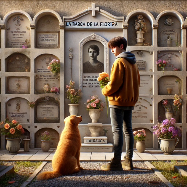 Imagen hiperrealista de una persona joven (de unos 25-35 años) con su perro, de pie delante de una lápida en un cementerio. Están mirando la lápida, que forma parte de una pared de nichos, osarios o columbarios. La lápida tiene una foto de un familiar fallecido. El joven lleva flores en las manos. La escena es tranquila, con un ambiente que sugiere que están en La Barca de la Florida, una localidad de Jerez de la Frontera, Cádiz. El escenario tiene adornos que refuerzan el contexto del cementerio. https://www.lapidascadiz.com/