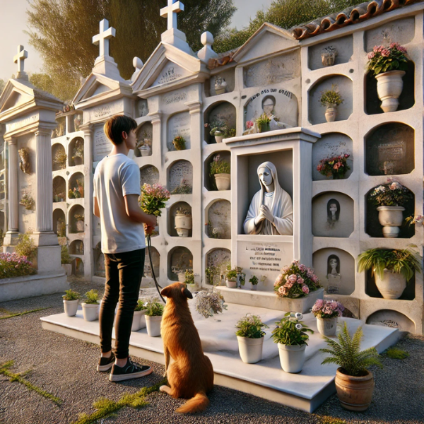 Imagen hiperrealista de una persona joven (de unos 25-35 años) con su perro, de pie delante de una lápida en un cementerio. Están mirando la lápida, que forma parte de una pared de nichos, osarios o columbarios. La lápida tiene una foto de un familiar fallecido. El joven lleva flores en las manos. La escena es tranquila, con un ambiente que sugiere que están en La Barca de la Florida, una localidad de Jerez de la Frontera, Cádiz. El escenario tiene adornos que refuerzan el contexto del cementerio. https://www.lapidascadiz.com/