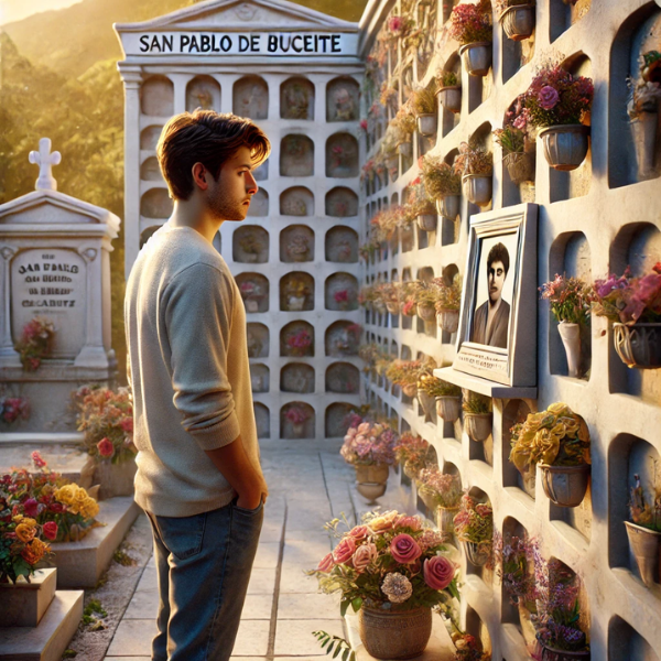 Un hombre joven de entre 25 y 35 años, de pie ante un muro de nichos con una lápida. La escena es tranquila, y el hombre sostiene unas flores, mirando la lápida. La lápida tiene la foto de un familiar. El escenario es el cementerio de San Pablo de Buceite, Cádiz, con decoraciones y elementos típicos de esta localidad. El ambiente es respetuoso y sereno, captando las emociones del recuerdo. La imagen debe ser hiperrealista y de aspecto cuadrado. https://www.lapidascadiz.com/