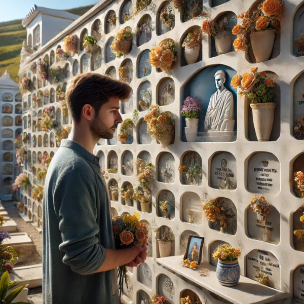 Imagen hiperrealista de un joven de entre 25 y 35 años mirando una lápida en un muro de nichos del cementerio de Zahara de los Atunes, Barbate - La Janda, Cádiz. Lleva flores en las manos y está en actitud pacífica. La lápida tiene la foto de un familiar fallecido. La escena incluye la decoración del cementerio y el contexto que sugiere la ubicación.
https://www.lapidascadiz.com/