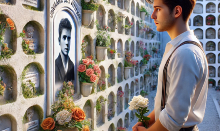 Imagen hiperrealista de un joven de entre 25 y 35 años mirando una lápida en un muro de nichos del cementerio de Zahara de los Atunes, Barbate - La Janda, Cádiz. Lleva flores en las manos y está en actitud pacífica. La lápida tiene la foto de un familiar fallecido. La escena incluye la decoración del cementerio y el contexto que sugiere la ubicación. https://www.lapidascadiz.com/