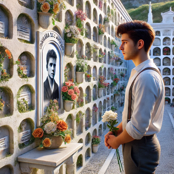 Imagen hiperrealista de un joven de entre 25 y 35 años mirando una lápida en un muro de nichos del cementerio de Zahara de los Atunes, Barbate - La Janda, Cádiz. Lleva flores en las manos y está en actitud pacífica. La lápida tiene la foto de un familiar fallecido. La escena incluye la decoración del cementerio y el contexto que sugiere la ubicación. https://www.lapidascadiz.com/