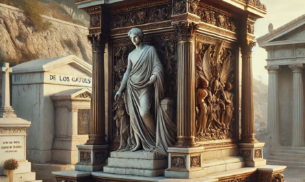 Imagen hiperrealista de una impresionante escultura sobre una tumba o mausoleo situado en el cementerio de Alcalá de los Gazules, Cádiz. La escena muestra una tumba bellamente elaborada con materiales nobles como el bronce, el mármol o el granito. La escultura es detallada, tal vez una figura de mármol o un busto de bronce, lo que refleja el cuidado y el arte de un escultor especializado. El entorno sugiere un cementerio tranquilo y solemne, con toques sutiles de arquitectura local y elementos naturales. La atmósfera general es serena y respetuosa, y la escultura se erige como un homenaje intemporal. https://www.lapidascadiz.com/