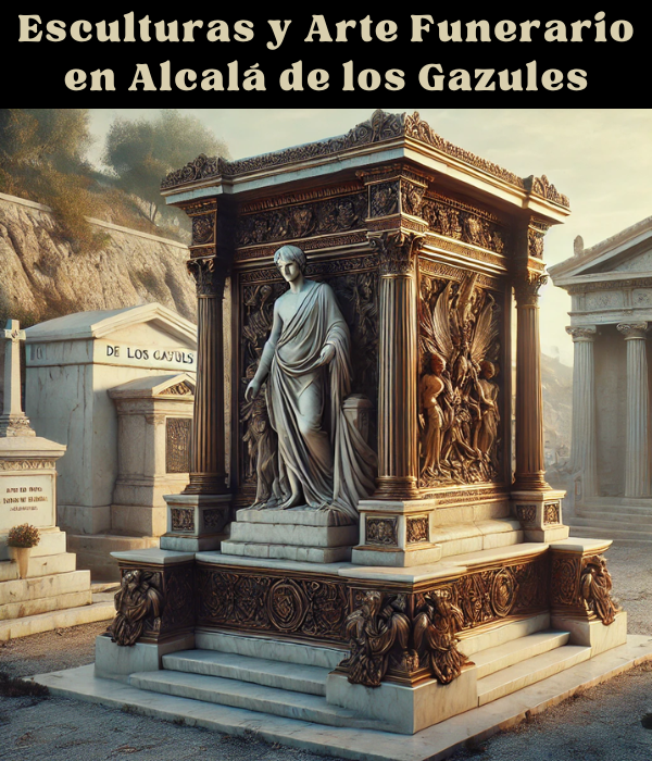 Imagen hiperrealista de una impresionante escultura sobre una tumba o mausoleo situado en el cementerio de Alcalá de los Gazules, Cádiz. La escena muestra una tumba bellamente elaborada con materiales nobles como el bronce, el mármol o el granito. La escultura es detallada, tal vez una figura de mármol o un busto de bronce, lo que refleja el cuidado y el arte de un escultor especializado. El entorno sugiere un cementerio tranquilo y solemne, con toques sutiles de arquitectura local y elementos naturales. La atmósfera general es serena y respetuosa, y la escultura se erige como un homenaje intemporal. https://www.lapidascadiz.com/