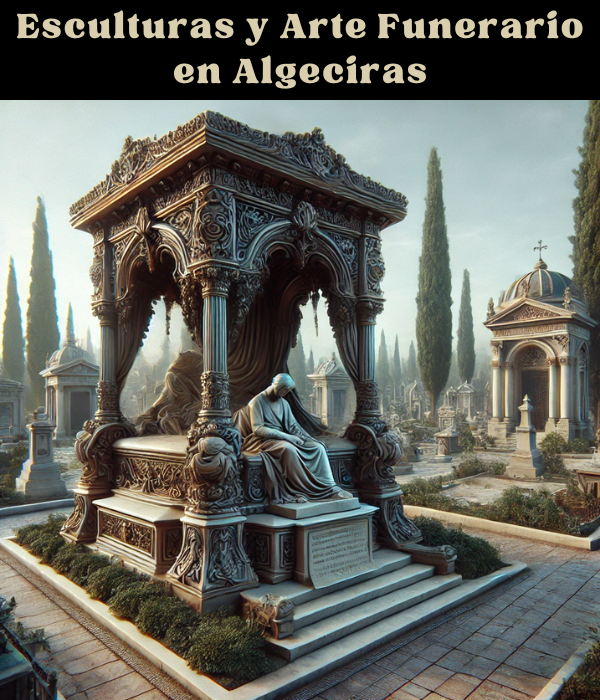 Una imagen hiperrealista de una impresionante escultura sobre una tumba o mausoleo, situada en un cementerio que evoque la sensación de estar en el cementerio de Algeciras, Cádiz. La escena debe captar la esencia de este lugar, centrándose en los detalles de la escultura, realizada con materiales nobles como el bronce, la piedra, el granito o el mármol. La escultura es intrincada y solemne, con decoraciones personalizadas como un libro de mármol finamente tallado, motivos florales o un busto, que simbolizan la memoria del difunto. El entorno es tranquilo, con senderos cuidadosamente cuidados, altos cipreses y el estilo arquitectónico único típico de los cementerios andaluces. https://www.lapidascadiz.com/